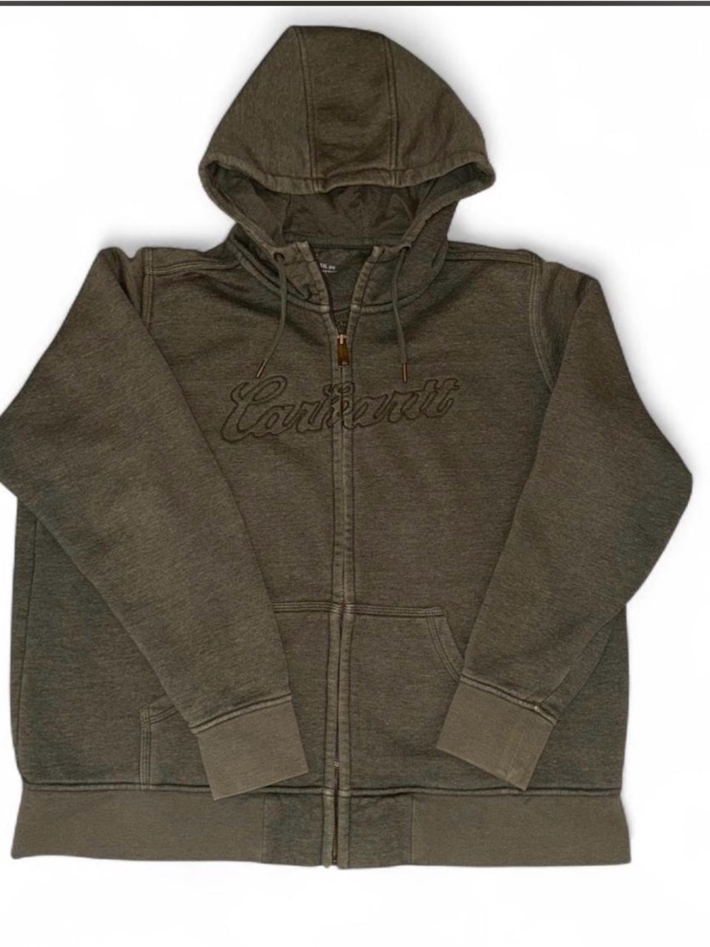Carhartt Olive Green & Gold Vintage Script Logo Zip-Up Hoodie
Size XXL